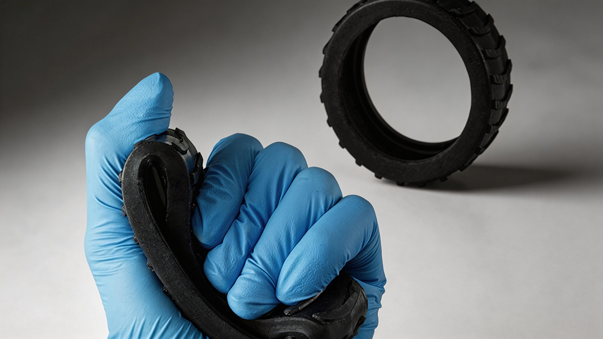 Technician with blue nitrile glove bending 3D printed tire component made from NextShapes Elastic resin, verifying excellent tear resistance and rubber-like flexible mechanical property after LCD 3D printing