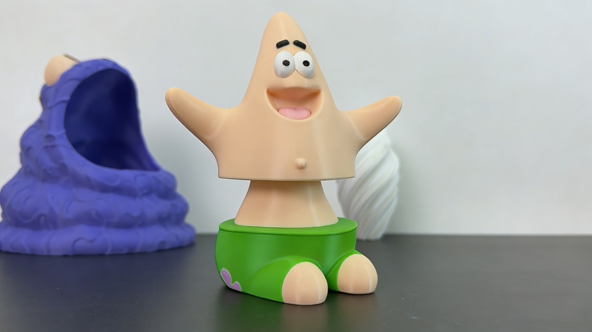 Custom 3D printed Patrick Star-style figure prototype made with NextShapes PETG HF filament, demonstrating the material's print quality and durability for independent designer toy projects