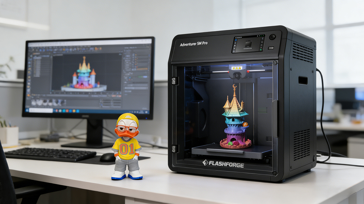 Flashforge 3D printer printing a collectible figure with NextShapes PETG HF filament, next to a finished duck character toy and design software on a monitor, showing the full workflow from design to print