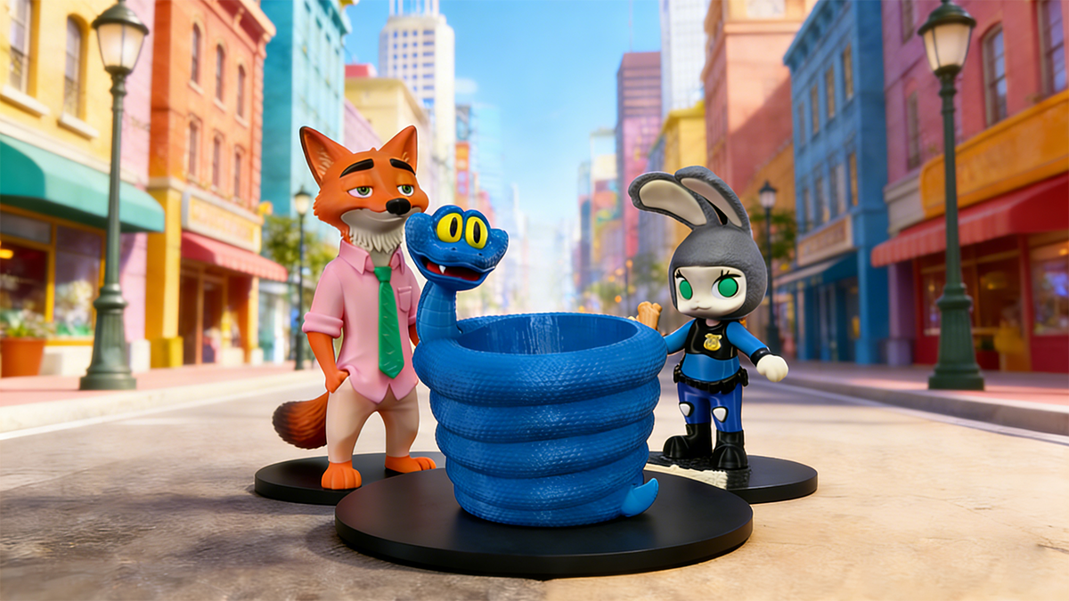 3D printed Zootopia characters (Nick Wilde, Judy Hopps, and snake) made with NextShapes PETG HF High-Toughness Filament in a city street scene