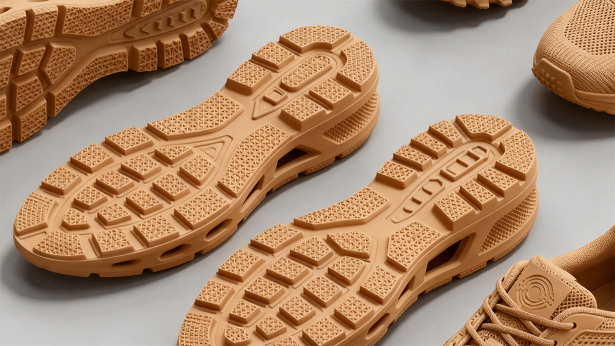 Multiple 3D printed shoe sole prototypes made with NextShapes Precision Model resin, showcasing intricate tread patterns