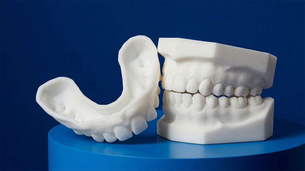 Upper and lower full arch 3D printed dental casts on blue base from NextShapes Precision Stone resin, for crown bridge restoration and dental lab mass production