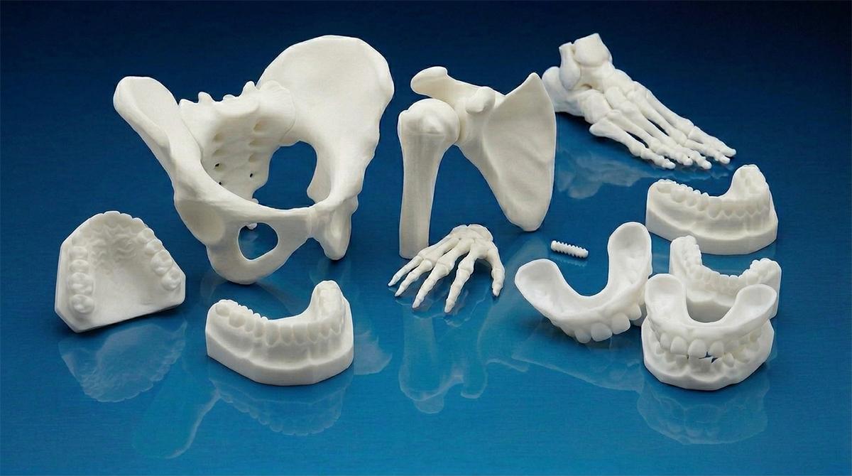 Complete collection of 3D printed dental casts, pelvic & hand bone anatomical models manufactured with NextShapes Precision Stone high-precision dental SLA resin for lab production