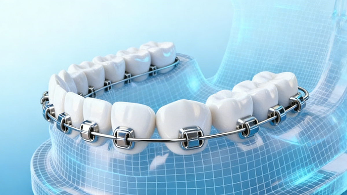 3D printed orthodontic model with metal brackets made by Precision Stone dental resin, precise reproduction of tooth shape for orthodontic treatment simulation