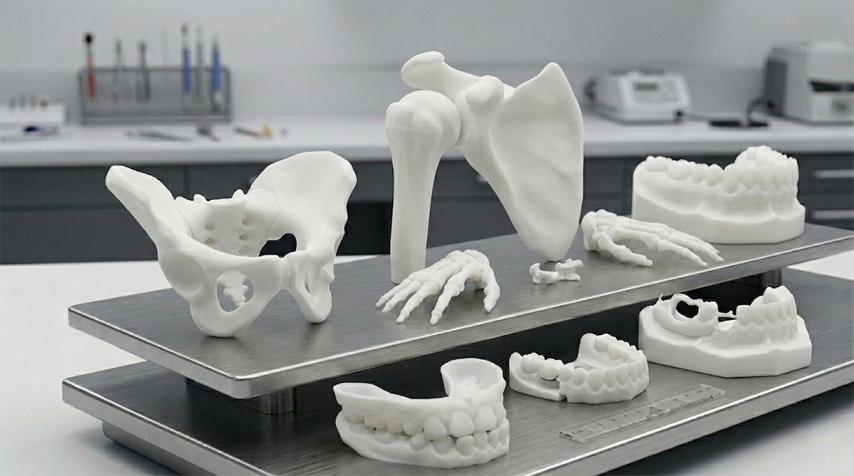 Multiple 3D printed anatomical bone specimens and full arch dental models made with NextShapes Precision Stone SLA resin inside dental laboratory, showing high precision detail for clinical & educational use