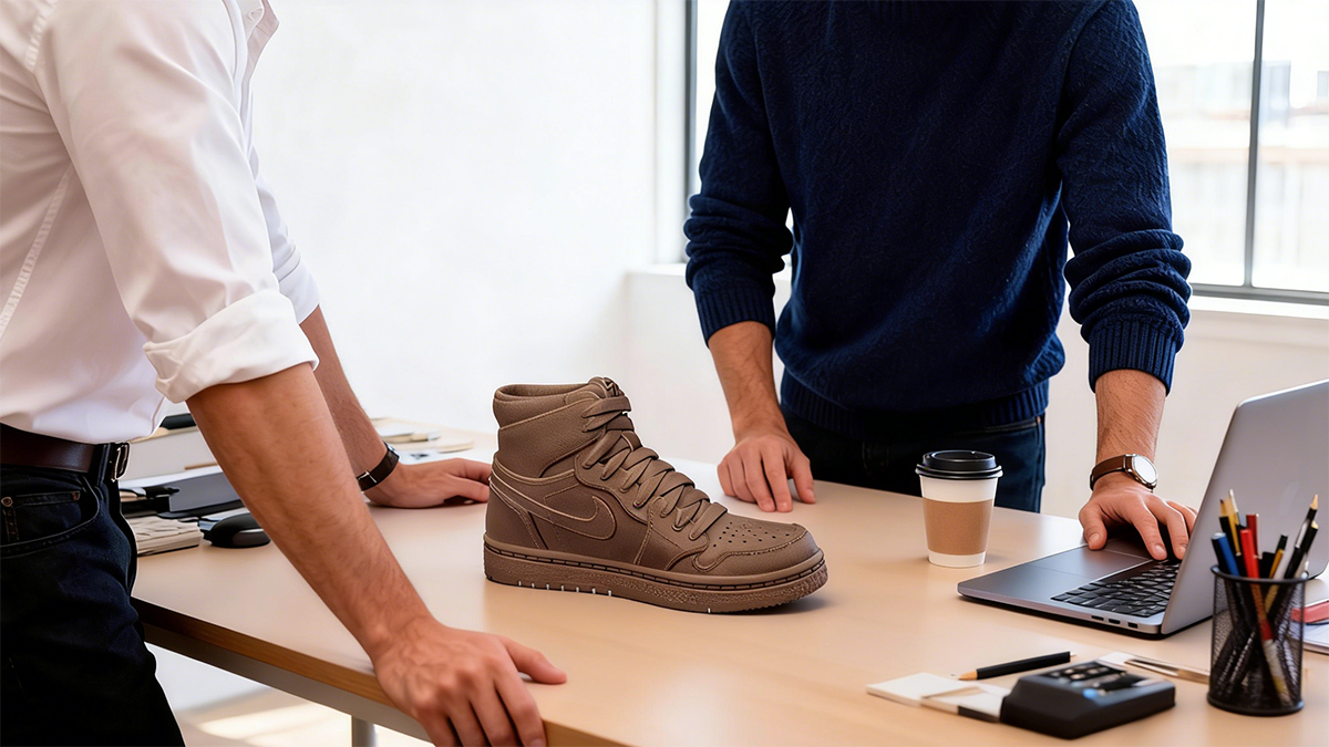 Designers reviewing a 3D printed shoe prototype made with NextShapes Shoe Mold & Head Sculpt Resin