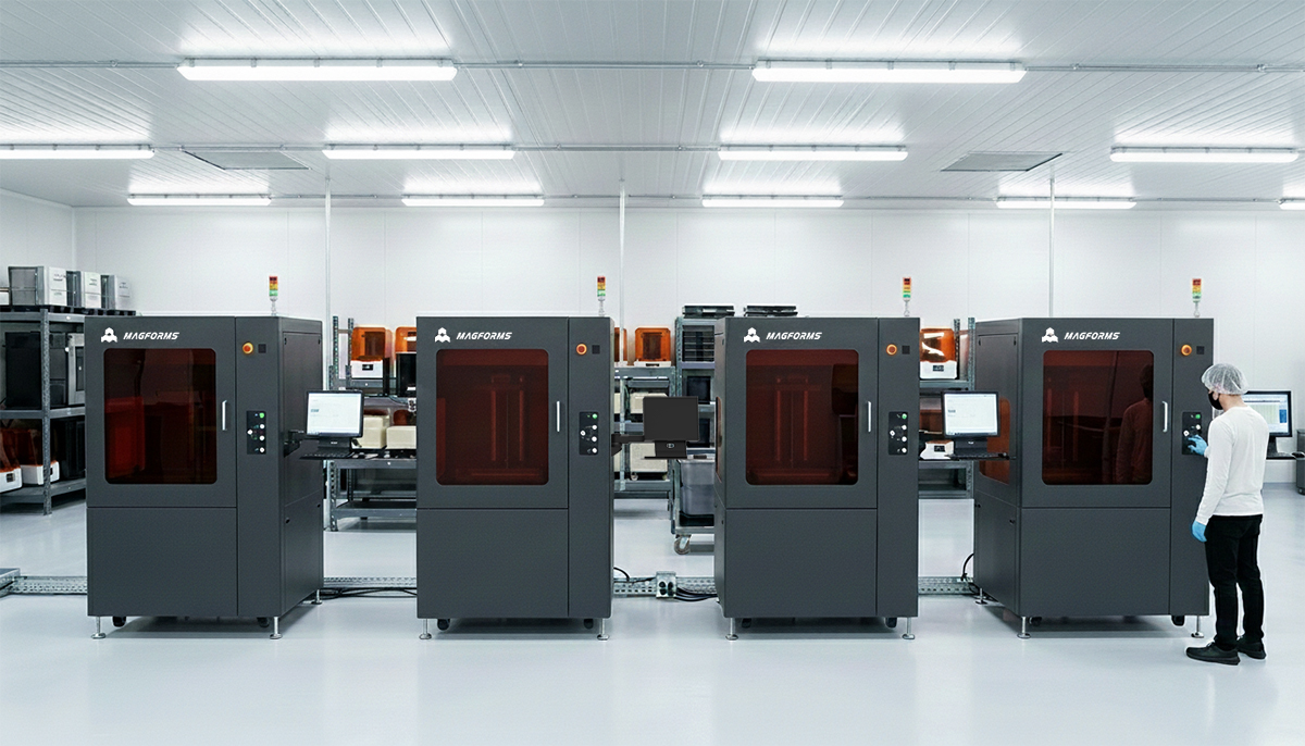 Industrial SLA 3D printing production line at nextshapes facility, used for mass production of precision casting patterns with Precision Cast resin