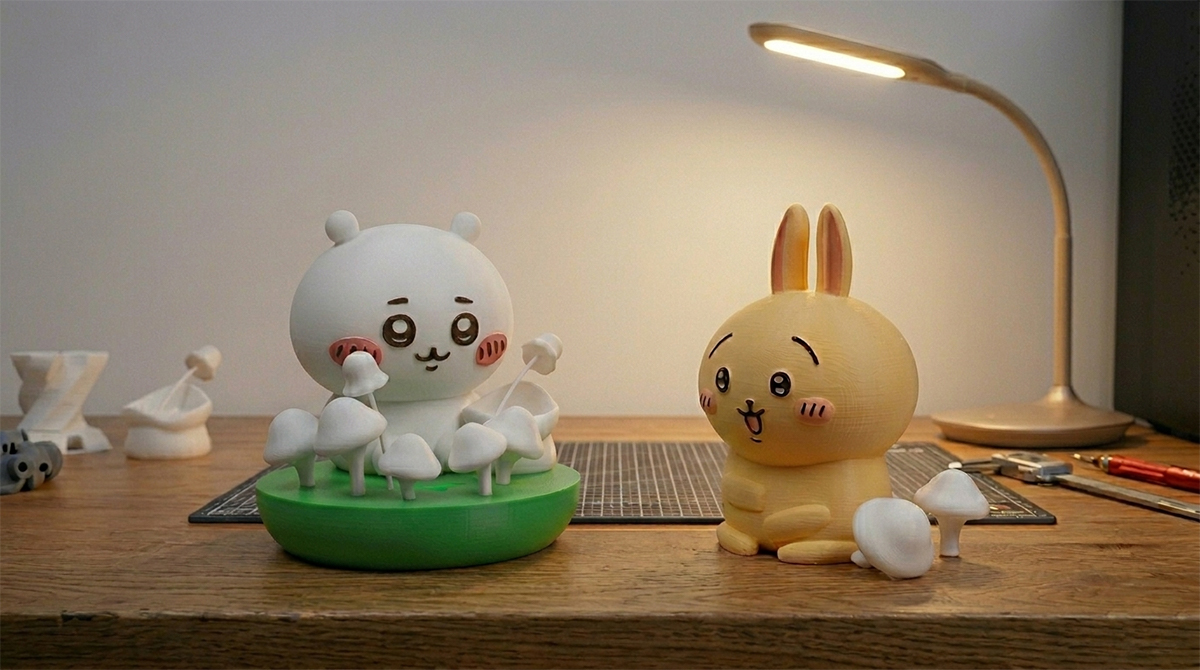 Two cute Chiikawa-style anime collectible figures 3D printed with NextShapes Standard PLA filament on wooden desk, highlighting ultra-smooth surface finish and low shrinkage precision for IP character production