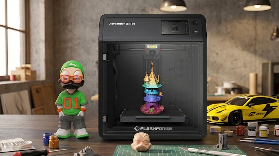 Flashforge desktop FDM 3D printer on creator workbench with finished 3D printed IP character figure, sports car model and sculpt prototype made from NextShapes Standard PLA filament, showing hobby & collectible figure printing application