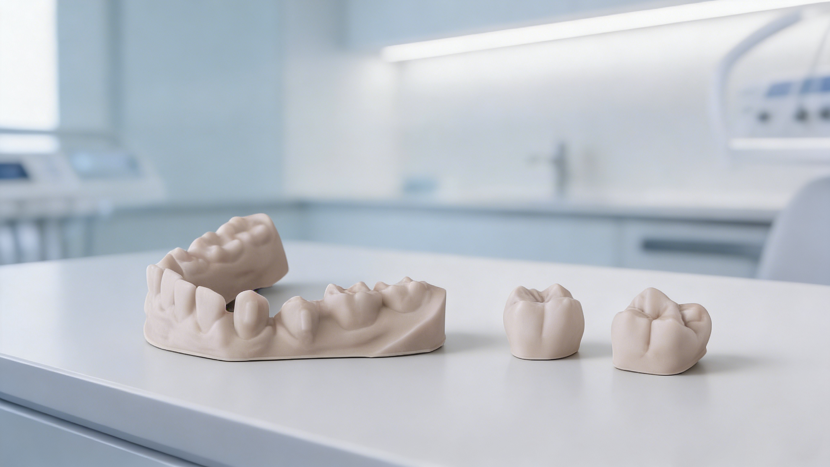 Close-up of 3D printed dental models made with NextShapes Dental Resin, showing fine detail and skin-tone finish