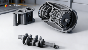 3D printed mechanical components (gearbox, shaft, housing) made with NextShapes Precision ABS resin