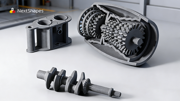 3D printed mechanical components (gearbox, shaft, housing) made with NextShapes Precision ABS resin