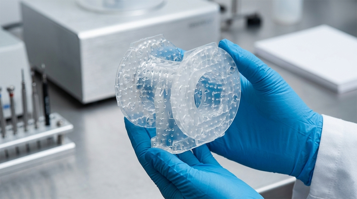 Lab technician holding a clear 3D printed resin casting pattern made with nextshapes Precision Cast resin, demonstrating its transparency and precision for investment casting