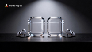 Transparent earbud cases and earphones printed with Precision Clear resin, demonstrating colorless, bubble-free clarity for consumer electronics prototyping.