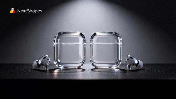 Transparent earbud cases and earphones printed with Precision Clear resin, demonstrating colorless, bubble-free clarity for consumer electronics prototyping.