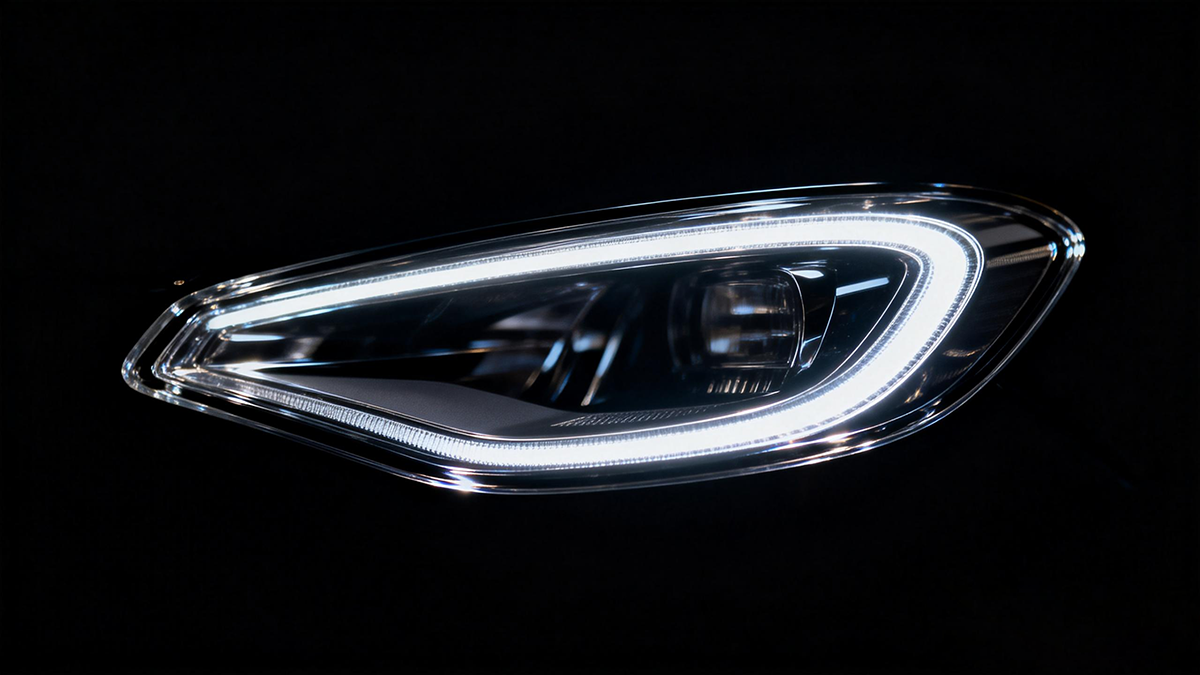 Crystal-clear 3D printed automotive headlight prototype made with Precision Clear resin, showcasing functional transparency for flow field visualization in SLA 3D printing.