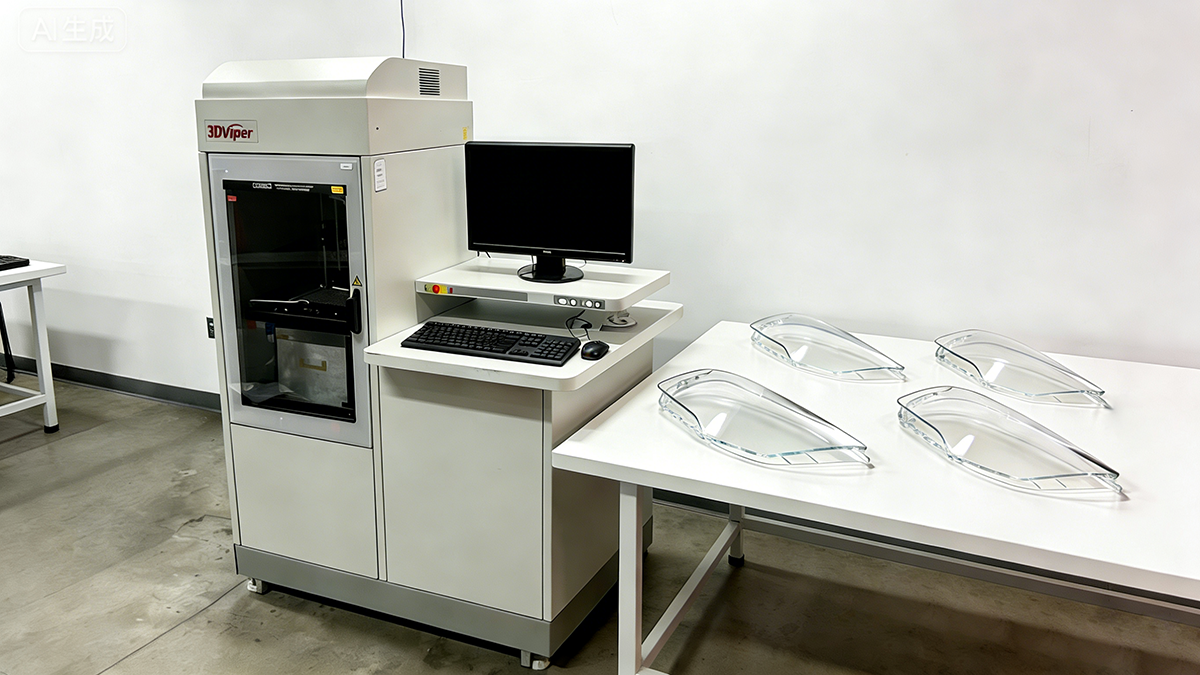 3D Systems Viper SLA 3D printer with transparent 3D printed parts made using NextShapes Precision Clear resin, used by European industrial clients.