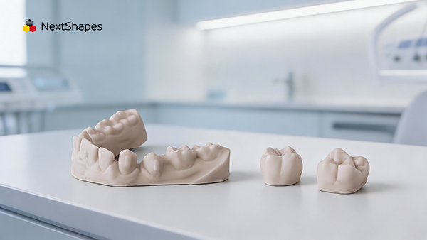 Close-up of 3D printed dental models made with NextShapes Dental Resin, showing fine detail and skin-tone finish