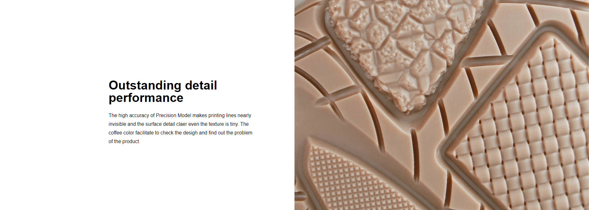 Close-up of a 3D printed shoe sole, highlighting fine texture reproduction achieved with NextShapes Precision Model resin