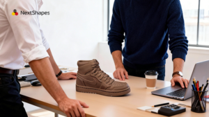 Designers reviewing a 3D printed shoe prototype made with NextShapes Shoe Mold & Head Sculpt Resin