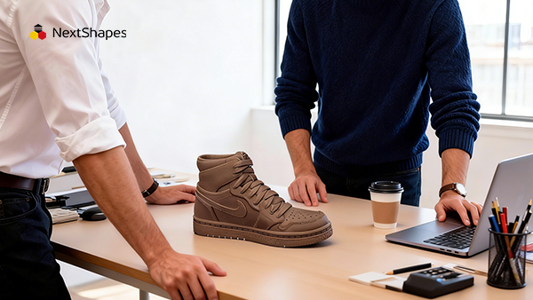Designers reviewing a 3D printed shoe prototype made with NextShapes Shoe Mold & Head Sculpt Resin