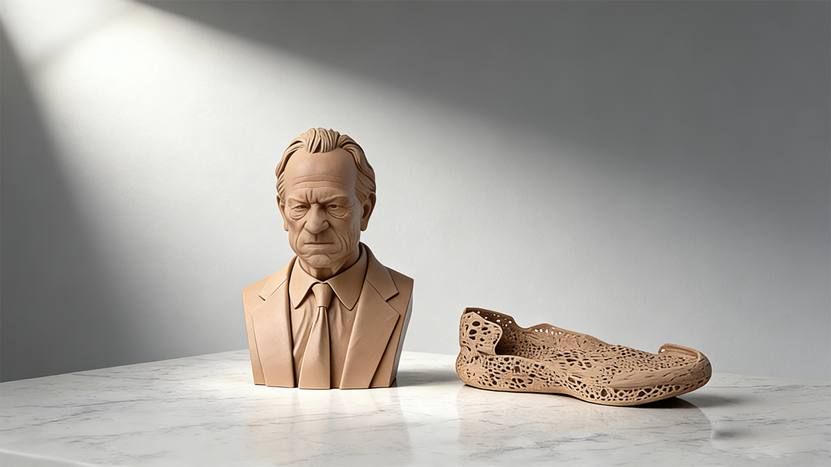 3D printed head bust and complex shoe prototype, showing the versatility of Shoe Mold & Head Sculpt Resin