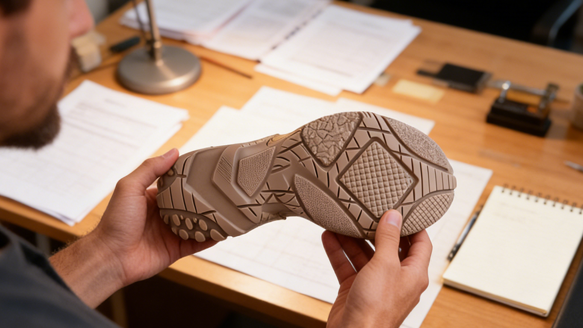 Designer reviewing a 3D printed shoe sole prototype made with high-precision resin, for footwear mold development