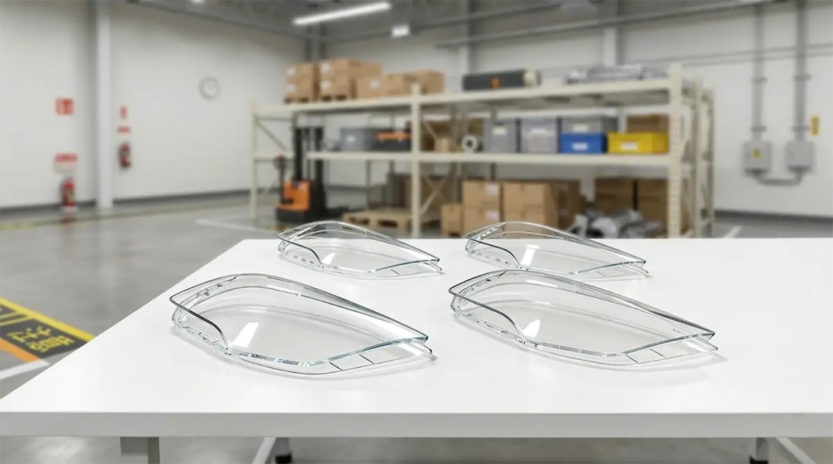 sla 3d printed transparent lamp shades on workbench in warehouse