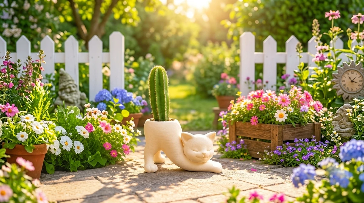 standard pla 3d printed vase with cactus home decor display