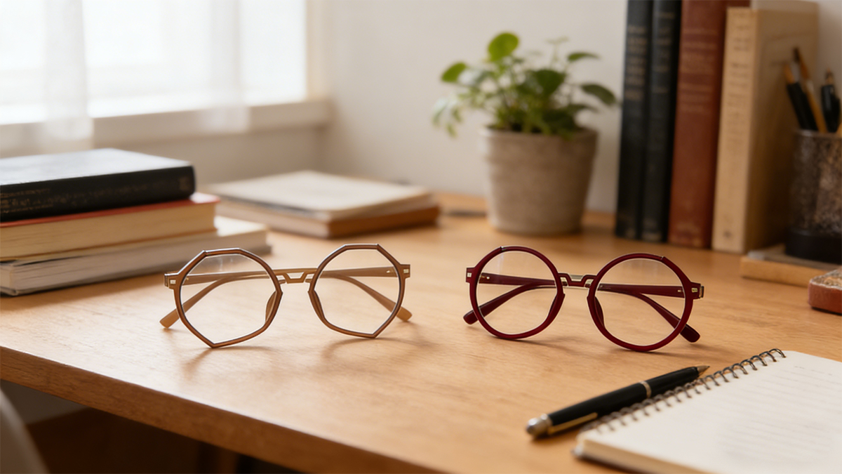 Two stylish 3D printed eyeglass frames on a designer's desk, showcasing the aesthetic finish of Standard Pro 3D resin for eyewear prototyping.