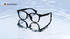 Black 3D printed eyeglass frame on a reflective surface, demonstrating the realistic, premium finish of Standard Pro 3D resin prototypes.