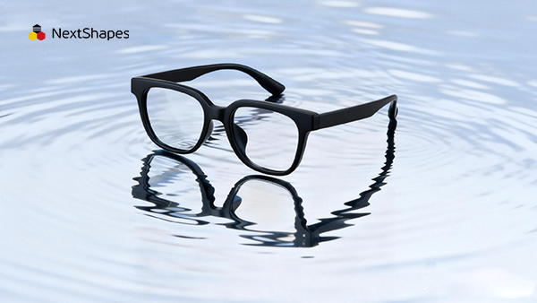 Black 3D printed eyeglass frame on a reflective surface, demonstrating the realistic, premium finish of Standard Pro 3D resin prototypes.