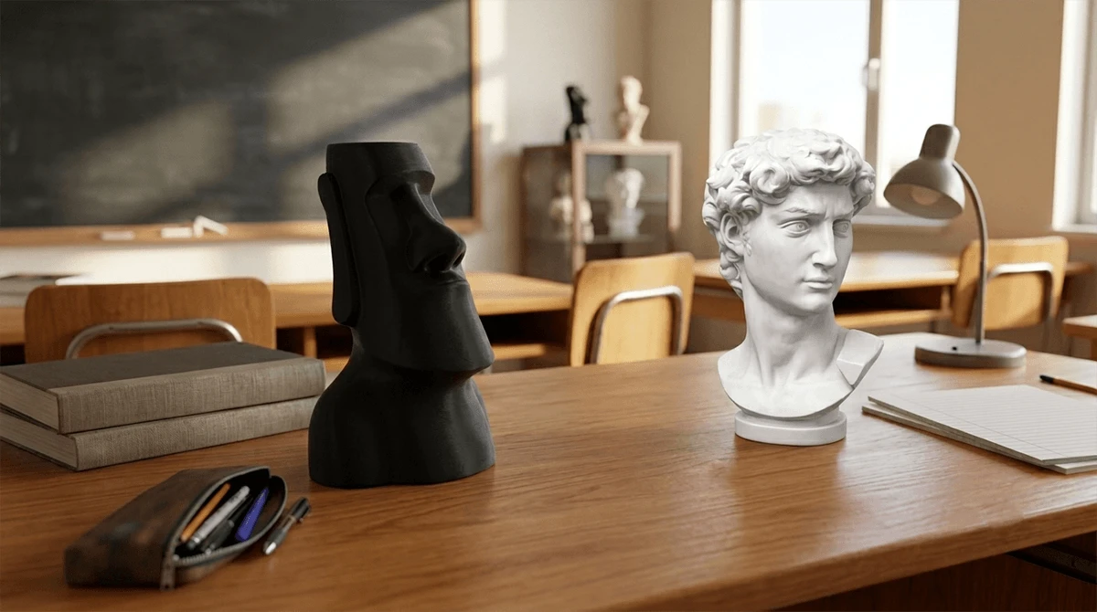 student showing matte pla 3d printed model in classroom