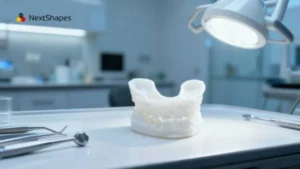 Clinical display of 3D printed maxillary dental model made with NextShapes Precision Stone Resin, showcasing high dimensional accuracy and gypsum-like appearance