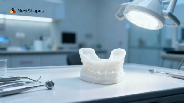 Clinical display of 3D printed maxillary dental model made with NextShapes Precision Stone Resin, showcasing high dimensional accuracy and gypsum-like appearance